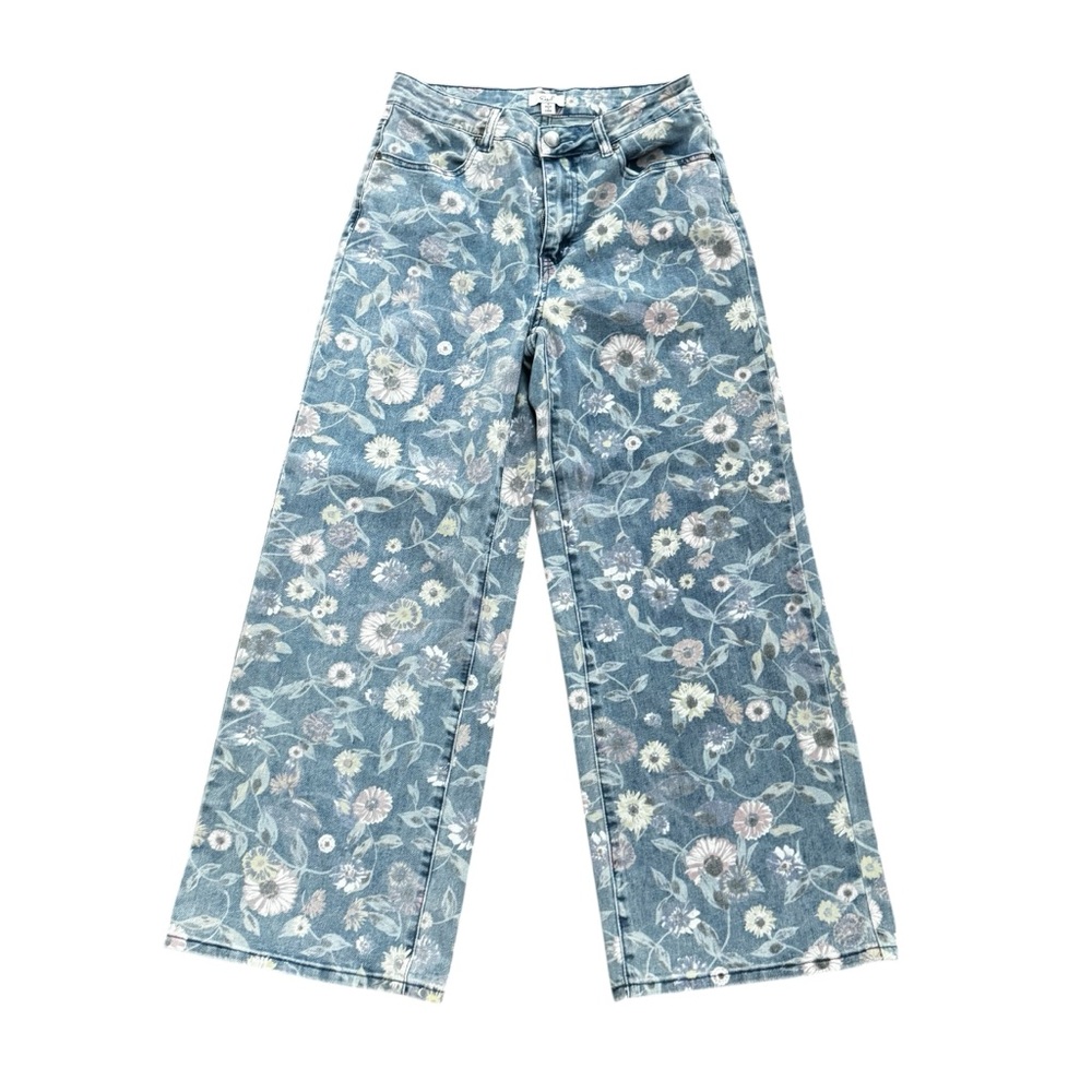 easel Floral Print Wide-Leg Jeans in Light Blue